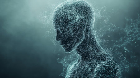 A digital representation of a human figure immersed in a dynamic, abstract environmentの素材
