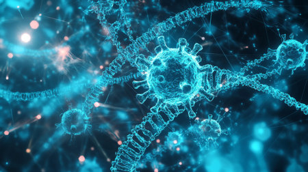 Vibrant microscopic view of viruses and genetic material illuminated in blue lightの素材