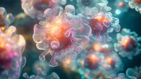 Colorful microscopic view of virus particles illuminated in a lab setting during researchの素材