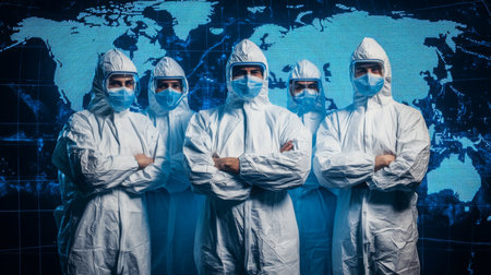Medical team in protective suits stands ready against a global map during the crisisの素材