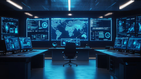 High-tech control room with multiple monitors displaying data and global maps at nightの素材