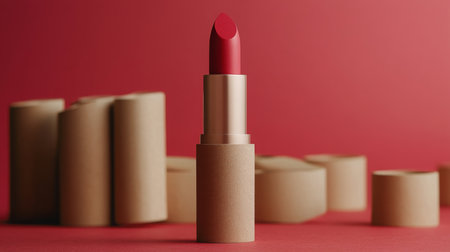 A single red lipstick stands out against red background and collection of brown cylindersの素材