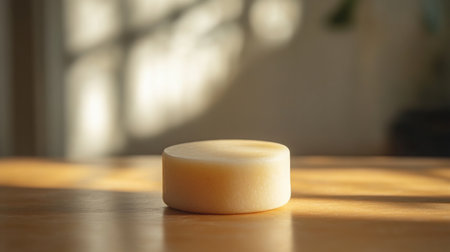 Simple circular soap on a wooden surface with soft sunlight streamingの素材