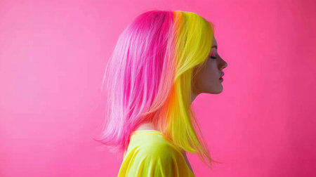 A young person flaunts vibrant pink and yellow hair against a bold pink backdropの素材
