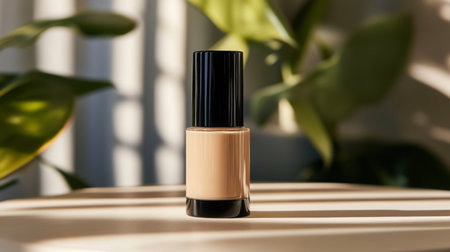 A foundation bottle on a wooden surface, bathed in sunlight filtering through plantsの素材