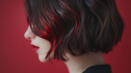 Stylish short hairstyle with red highlights against a vibrant red backgroundの素材