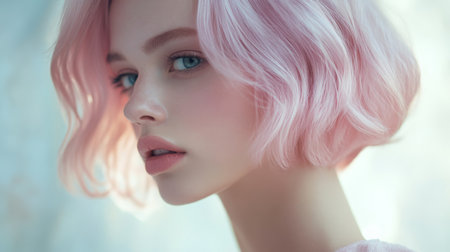 Young woman with pastel pink hair posing softly in a serene environment during golden hourの素材