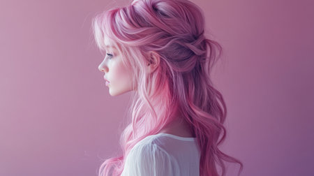 A woman with pink hair stands in profile against a soft pink backgroundの素材