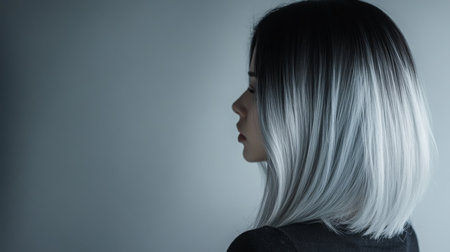 Young woman with silver ombre hair posed against a minimalist gray backgroundの素材