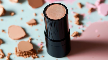 Makeup stick surrounded by broken cosmetics on a colorful surface in a well-lit settingの素材