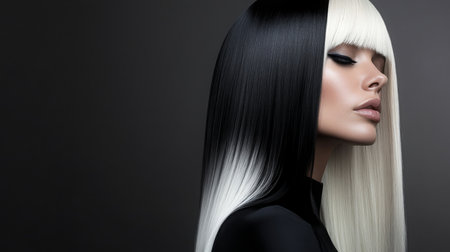 Stunning model with dramatic black and white hair showcasing modern hairstyle trendsの素材