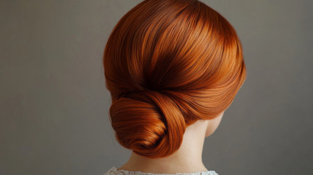 A woman with long, red hair has it styled in a bunの素材