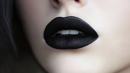 Close-up of bold black lips showcasing unique makeup artistry against a muted backgroundの素材