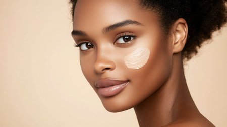 Applying foundation on radiant skin in a beauty studio during a makeup sessionの素材