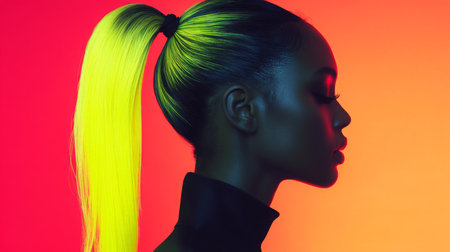 A profile shot of woman with vibrant yellow hair against a colorful gradient backgroundの素材