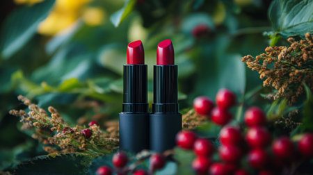 Two red lipsticks among greenery and berries in a natural outdoor setting during daytimeの素材