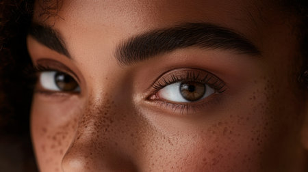 A close-up of a womans eye with freckles, showcasing her natural beautyの素材