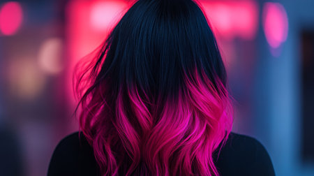 Woman with vibrant pink ombre hair stands against a neon-lit urban backdrop in the eveningの素材