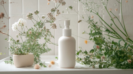 A white bottle of lotion sits on a counter surrounded by white flowersの素材