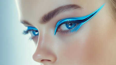 Vibrant blue eyeliner enhances striking blue eyes of model in a beauty shootの素材