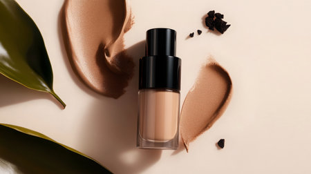 A bottle of foundation surrounded by creamy swatches and green leaves on a soft surfaceの素材