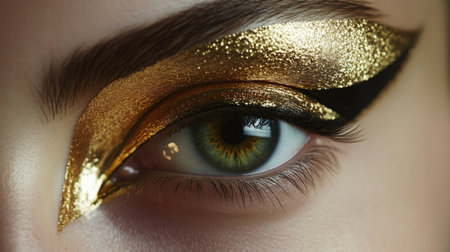 A close-up shot of a green eye with dramatic gold and black eyeshadowの素材