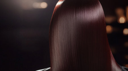 Lush, shiny long hair cascades on a persons back, lit by soft studio lightの素材