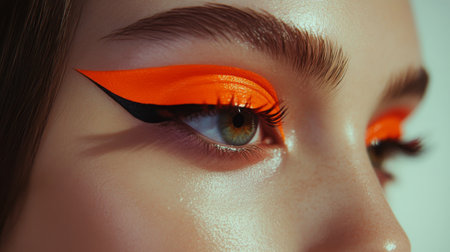 Bright orange eyeliner enhances the striking features of a models eye in a close-up shotの素材