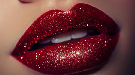 Glistening red lips adorned with sparkly gloss during a glamorous beauty shootの素材