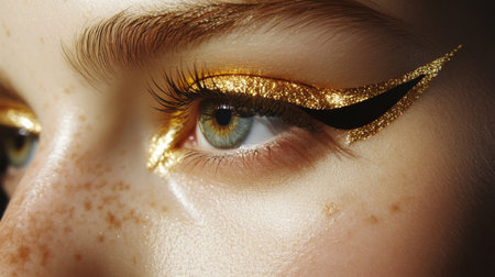 Close-up of a model with intricate gold and black eye makeup shimmering in natural lightの素材