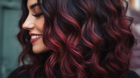 A woman showcases vibrant curly hair with shades of red and purple in an outdoor settingの素材