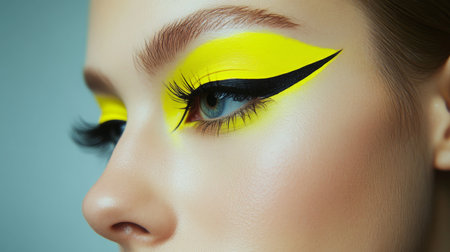 A woman wears bright yellow eyeshadow with a black eyeliner wingの素材