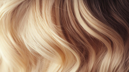 Close-up view of wavy hair showcasing a blend of warm blonde tones in soft natural lightの素材