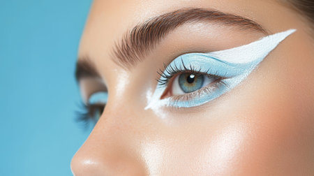 Artistic eye makeup design featuring blue hues against a soft blue backgroundの素材