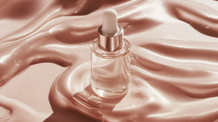 Elegant skincare serum bottle resting on a shiny, soft surface illuminated by warm lightの素材