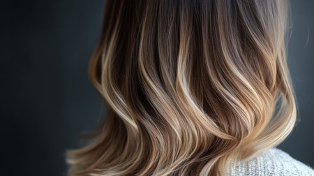 Beautiful wavy hair with highlights in soft layers, captured from the backの素材