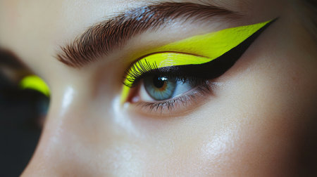 A close-up of a womans eye with bold yellow eyeliner and eyeshadowの素材