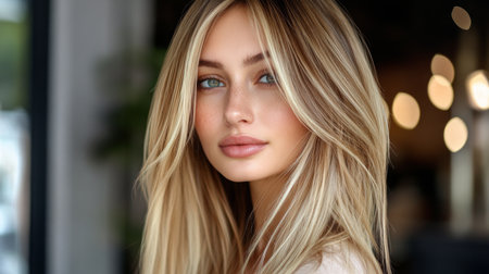 Blonde woman with flowing hair posing indoors near soft lights during daytimeの素材