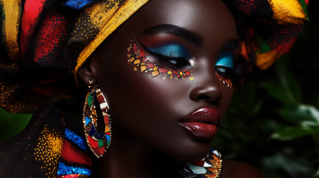 Stunning beauty with vibrant makeup and headwrap poses gracefully in lush greeneryの素材