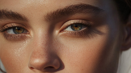 A close-up of a womans eye with makeup, showing long lashes and gold eyeshadowの素材