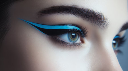 Creative makeup look featuring bold blue eyeliner with an artistic style on a models eyeの素材