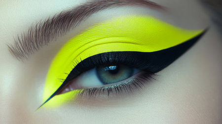 Creative yellow and black eyeliner makeup design featuring a models striking eye close-upの素材
