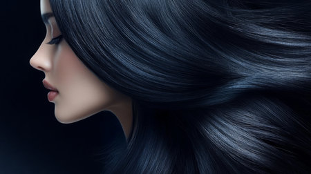 A woman showcasing luxurious, long black hair against a dark background in an elegant poseの素材