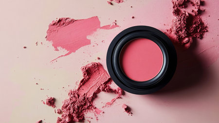 Blush compact with scattered powder on a soft pink surface for makeup enthusiastsの素材
