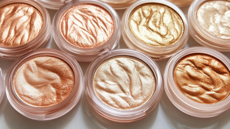 Variety of shimmering cream highlighters displayed on surface for makeup enthusiastsの素材