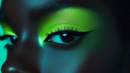 A close-up of a persons eye with bright green eyeshadow and eyelinerの素材