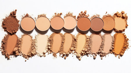 A row of foundation shades, ranging from light to dark, on a white backgroundの素材