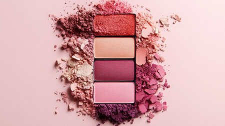 Vibrant eyeshadow palette displayed with colorful pigments on a soft pink backgroundの素材