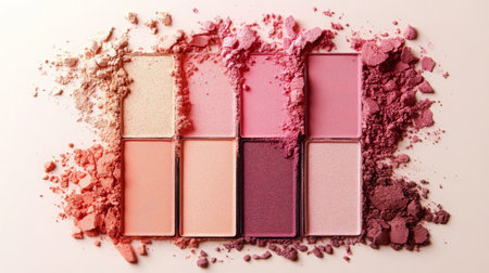 Artfully arranged blush powders in soft pink and peach tones on a light backdropの素材