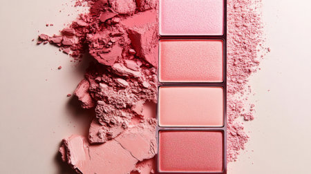 Vibrant pastel blush palette with crushed powder highlights on neutral backgroundの素材